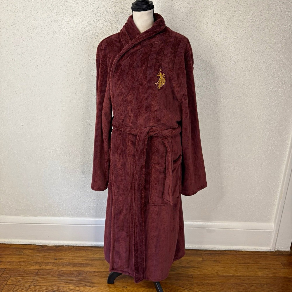 U.S. Polo Assn. Men's L/XL Burgundy Polyester Fleece Belted Tie Logo Robe